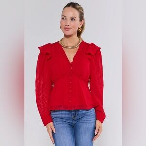 Avara Avery Elegant Red Peplum Button-Up Blouse Ruffles Puff Shoulder Babydoll